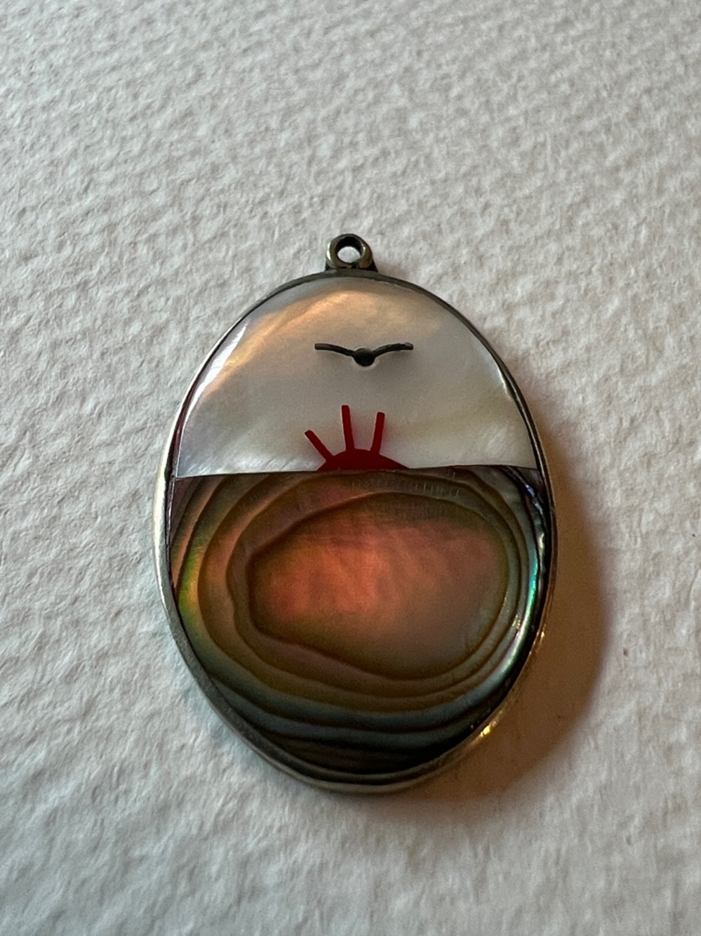Handmade Alpaca Abalone Shell Sunrise Pendant with Mother of Pearl